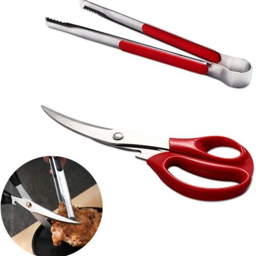 Korean Barbecue Scissors and Tongs Set, Stainless Steel Ergonomic Sharp Shears and Clips