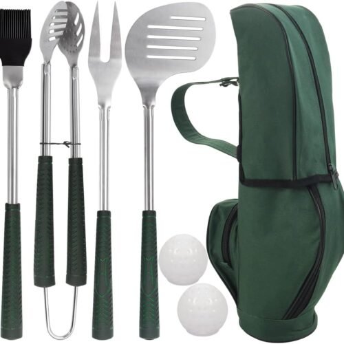 7PCS Golf Club Style BBQ Tool Set with Stainless Steel Grill Accessories, Rubber Handles