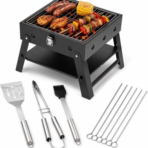 Mini Portable Charcoal Grill: Folding Desktop Model | Comes with Stainless Steel Tool Set, Perfect Father's Day/Birthday Gift