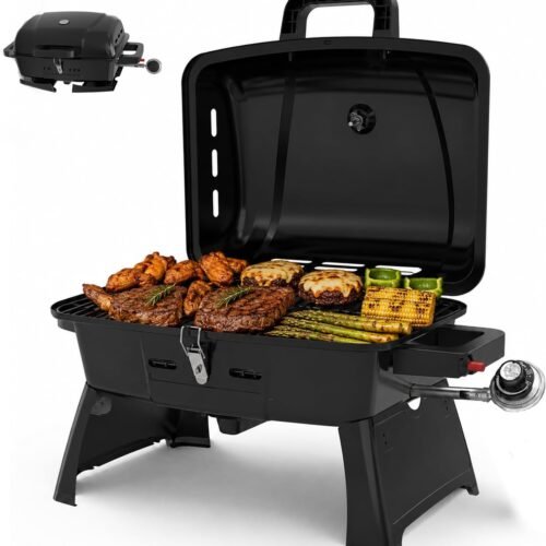 Portable Propane Gas Grill, Single Burner, 240 sq cm Grilling Area, Compact Desktop Model, with Locking Lid and Folding Stand