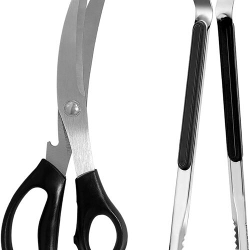 Kitchen Scissors and Tongs Set, Stainless Steel Non Slip Serrated Sharp BBQ Scissors for Meat Cutting