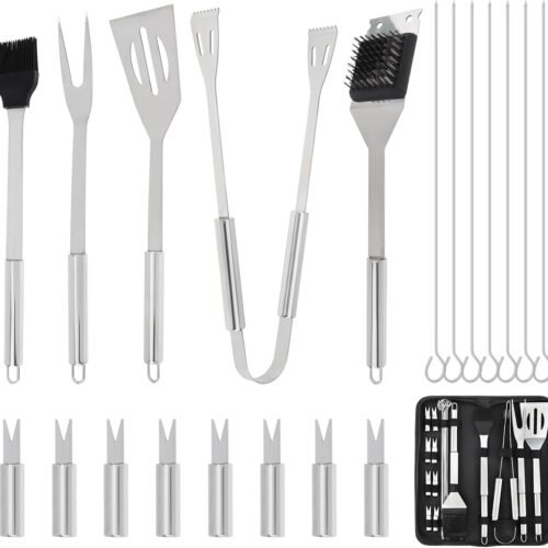 20PCS Stainless Steel BBQ Grill Tools Set with Spatula, Tongs, Fork, Skewers, Thermometer & Storage Bag