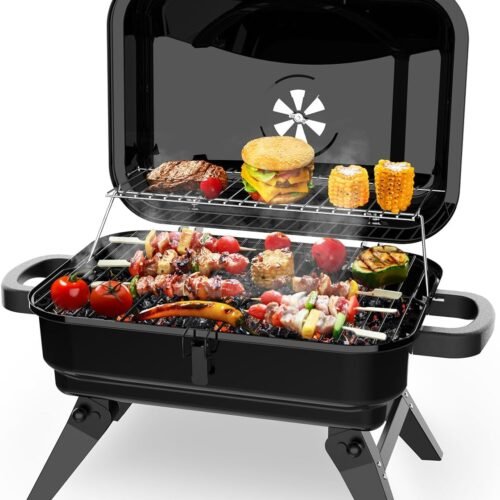 Portable Charcoal BBQ Grill with Warming Rack, Small Desktop Grill, Foldable Stand, Adjustable Ventilation