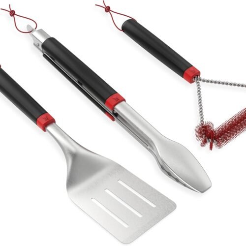 3 Piece BBQ Tool Set with Stainless Steel Spatula, Locking Tongs & Nylon Brush with Hanging Loops