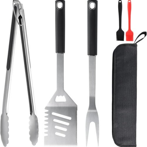 5PCS BBQ Tools, Stainless Steel Barbecue Accessories with Spatula, Fork, Tongs & Brushes