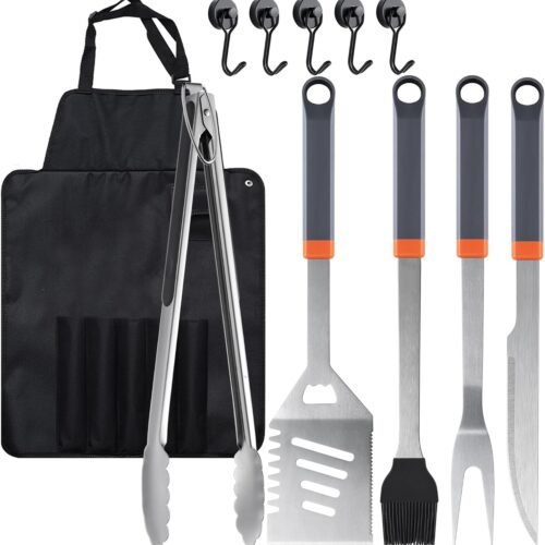 11 Piece Grill Tools Set with Tongs, Spatula, Stainless Steel Portable Kit with Hooks & Apron Storage Bag