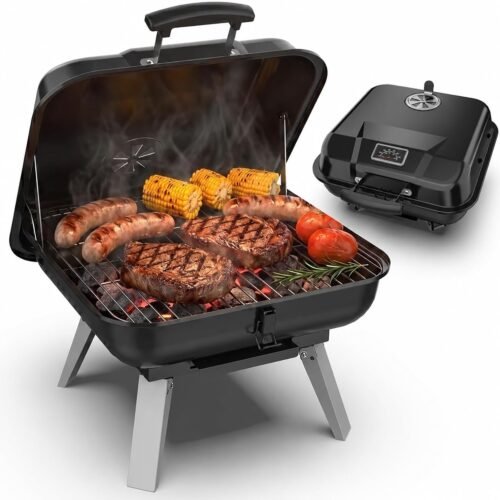 Portable Charcoal Grill, Small Desktop Grill, Foldable Camping Style, Built in Thermometer, Adjustable Vents