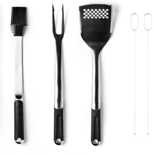 8 Piece BBQ Grill Tool Set with Spatula, Locking Tongs, Silicone Basting Brush, Grill Fork, and Flat Skewers, Heat Resistant Soft Grip Handles