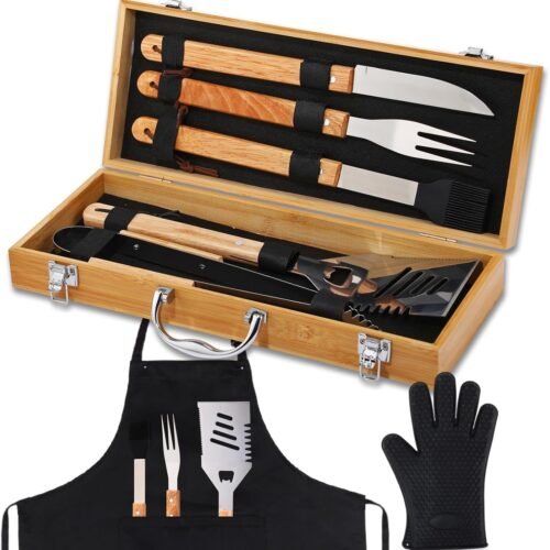 8 Piece Heavy Duty Wooden Grilling Accessories BBQ Tools Set with Wooden Case, Apron and Oven Mitts