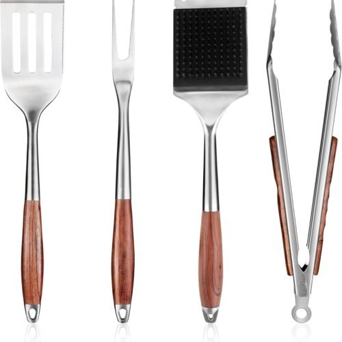 Heavy Duty Rosewood Handle BBQ Grilling Tools Set with Spatula, Fork, Brush & Tongs