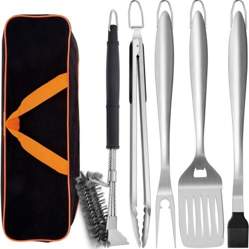 6 Piece Extra Long BBQ Tool Set, Heavy Duty Stainless Steel Spatula, Fork, Tong, Basting Brush, Cleaning Brush, Carrying Bag