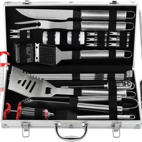 24PCS BBQ Grill Tools Set with Thermometer and Injector, Thick Stainless Steel, Complete BBQ Accessories
