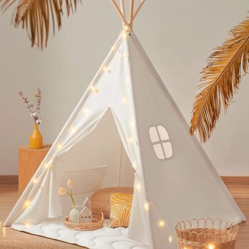 Kids Teepee Tent, 100% Cotton, with Padded Mat, Star Lights, Foldable, Carry Bag